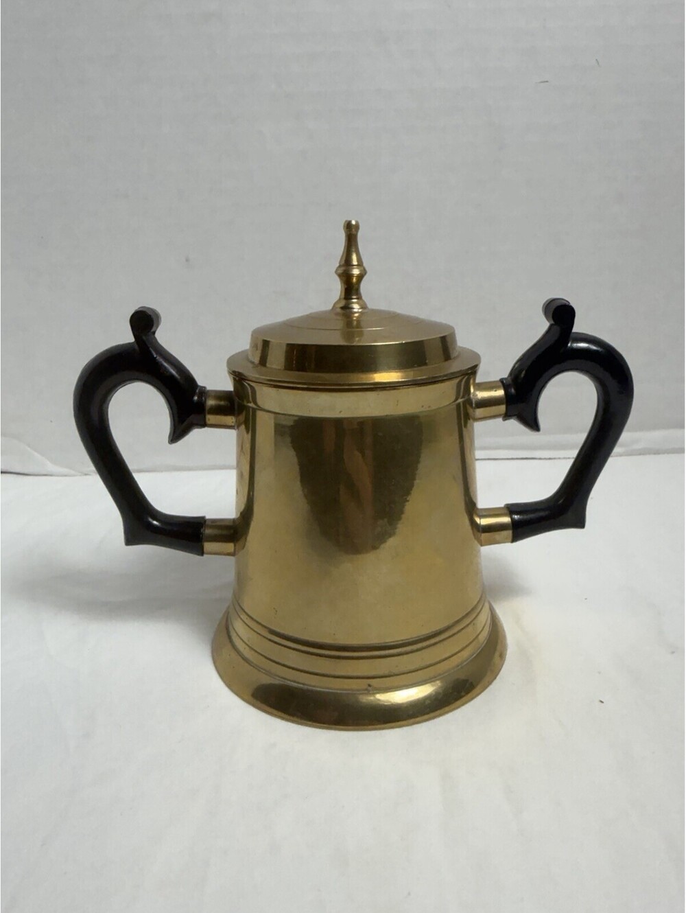 Vintage Brass Lidded Sugar Caddy Black Handles India MCM Tea Service Decor